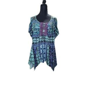 One World Womens 2X Blue Hankerchief Hem Boho Geometric Print Short Sleeve Shirt
